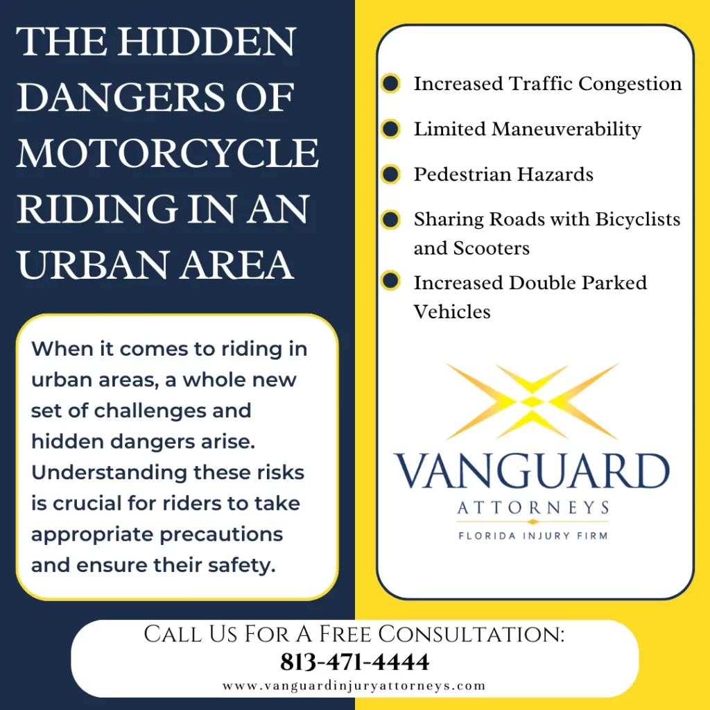 Infographic summarizing the hazards motorcycle riders face in urban areas that are discussed in this article.