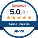 5 out of 5 star rating awarded to Karina Perez Ilić based on AVVO reviews submitted by clients.
