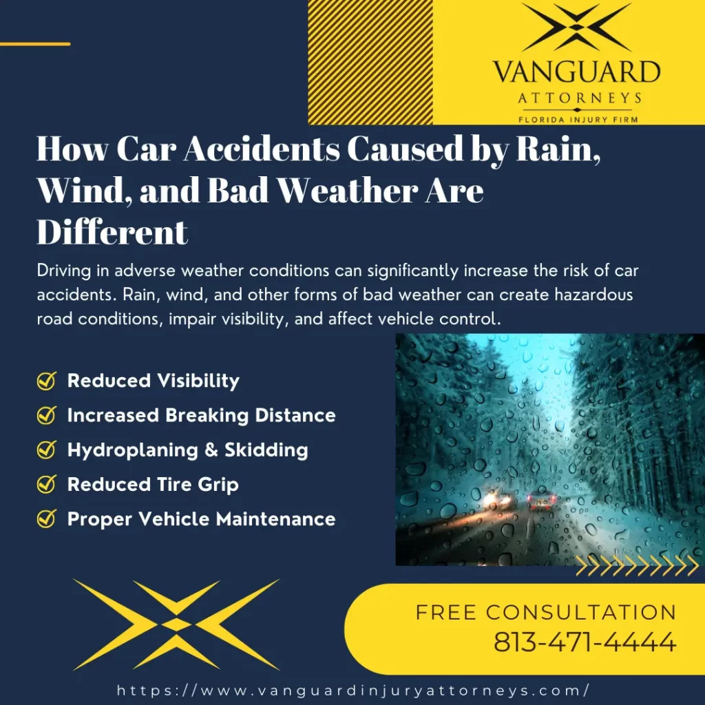 Infographic titled "How Car Accidents Caused by Rain, Wind, and Bad Weather Are Different." Call Vanguard Attorneys For More Information and A Free Consultation at 8134714444.