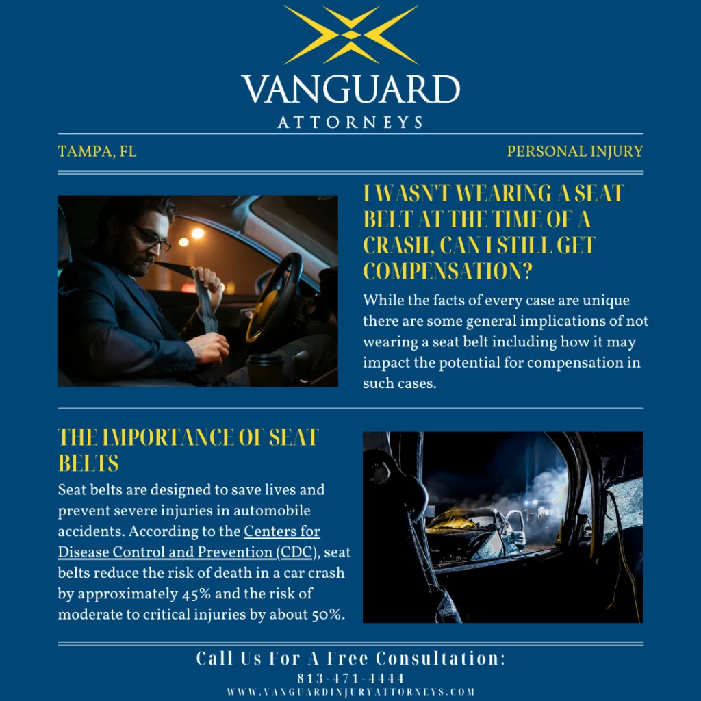 Infographic titled If I Wasn't Wearing A Seat Belt At The Time Of A Crash, Can i Still Get Compensation? Call Vanguard Attorneys For A Free Consultation at 8134714444.