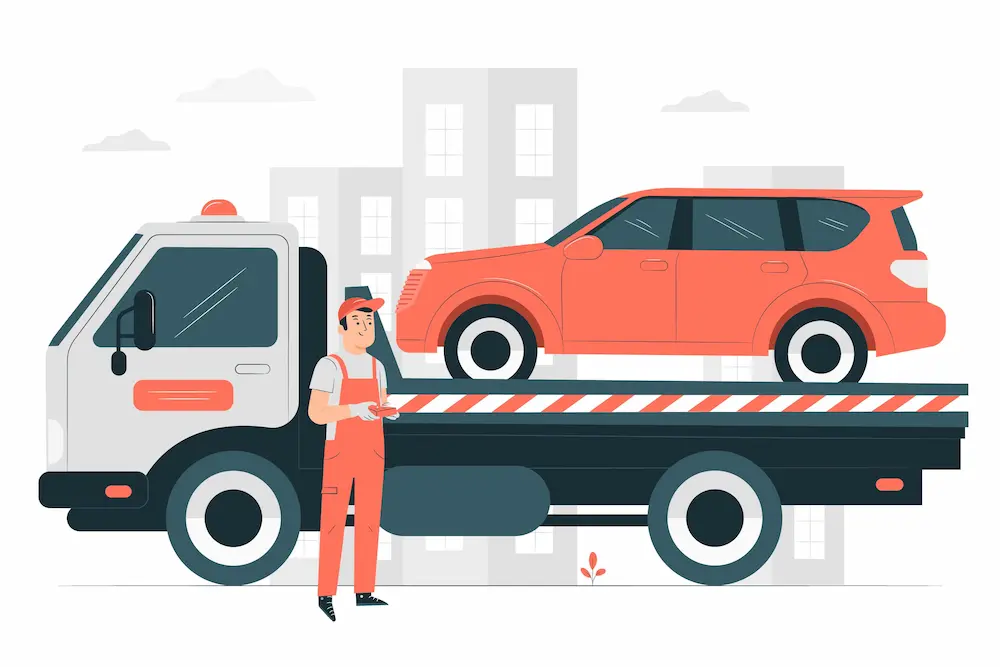 One vehicle is towing another by means of a chain