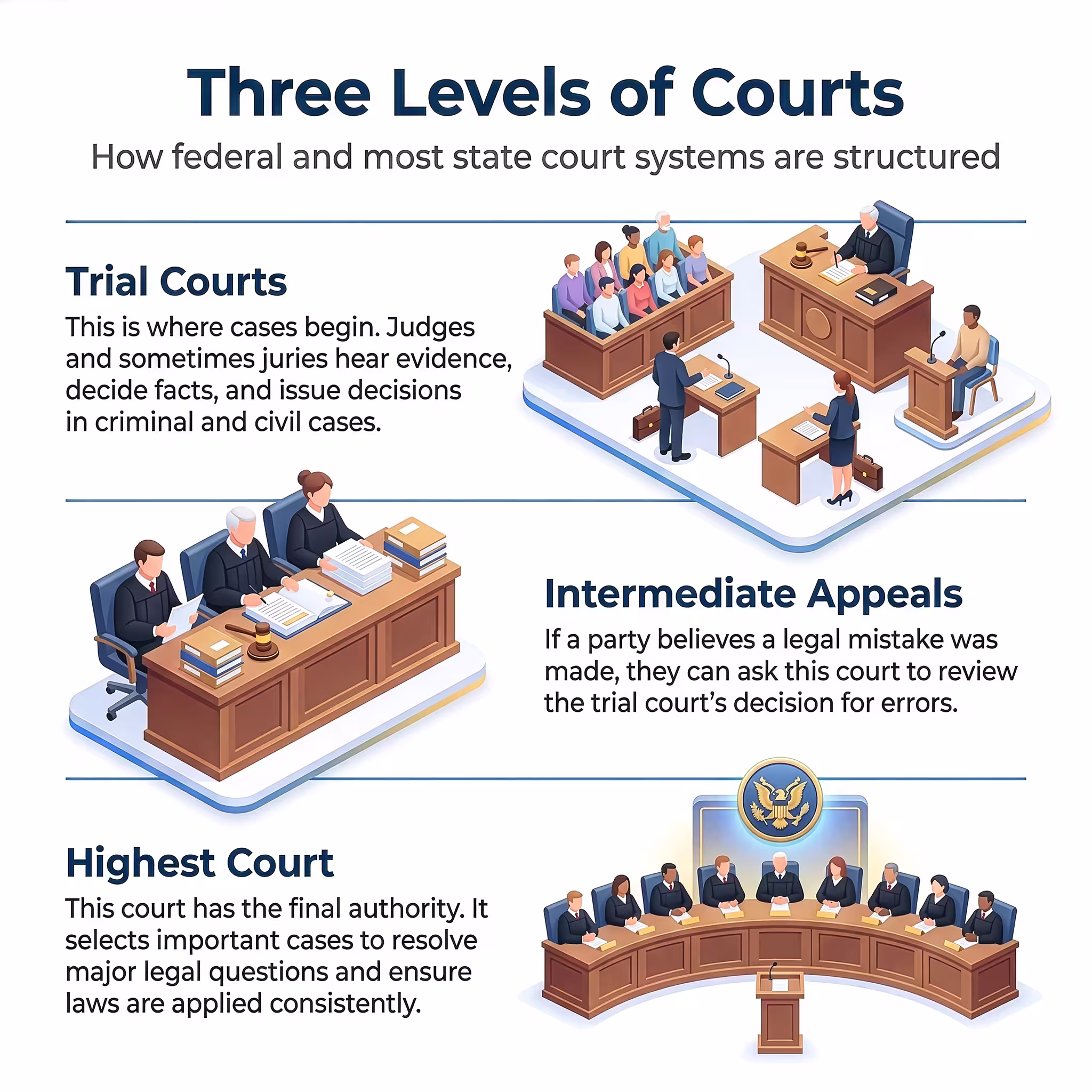 The three levels of the court system: Trial courts, intermediate appellate courts, and highest appellate court.